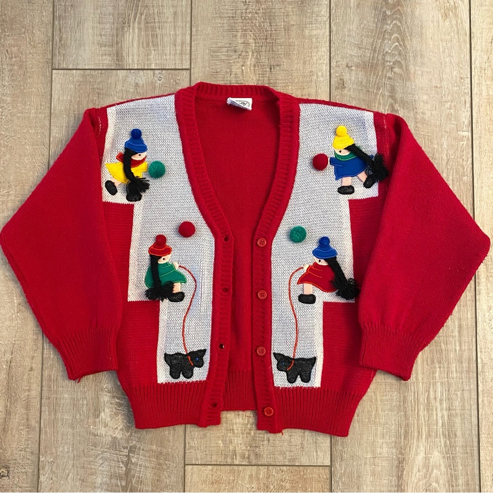 Vintage Pretty Me Red Pom-Pom Braided Hair Dogs Cardigan Sweater Girls Size 5